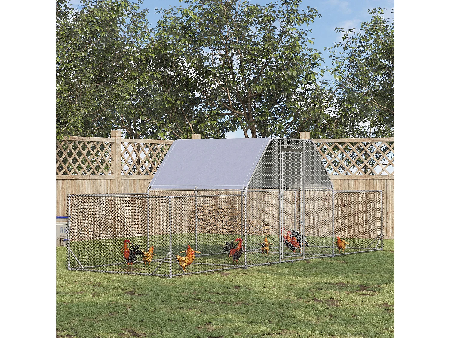 Enclos poulailler chenil 12,54 m² - parc grillagé dim 6,6L x 1,9l x 1,95H m - espace couvert - acier galvanisé