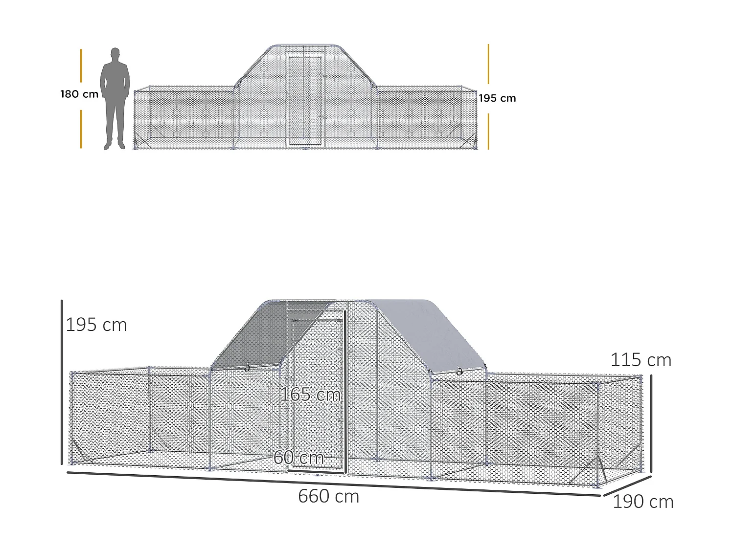 Enclos poulailler chenil 12,54 m² - parc grillagé dim 6,6L x 1,9l x 1,95H m - espace couvert - acier galvanisé