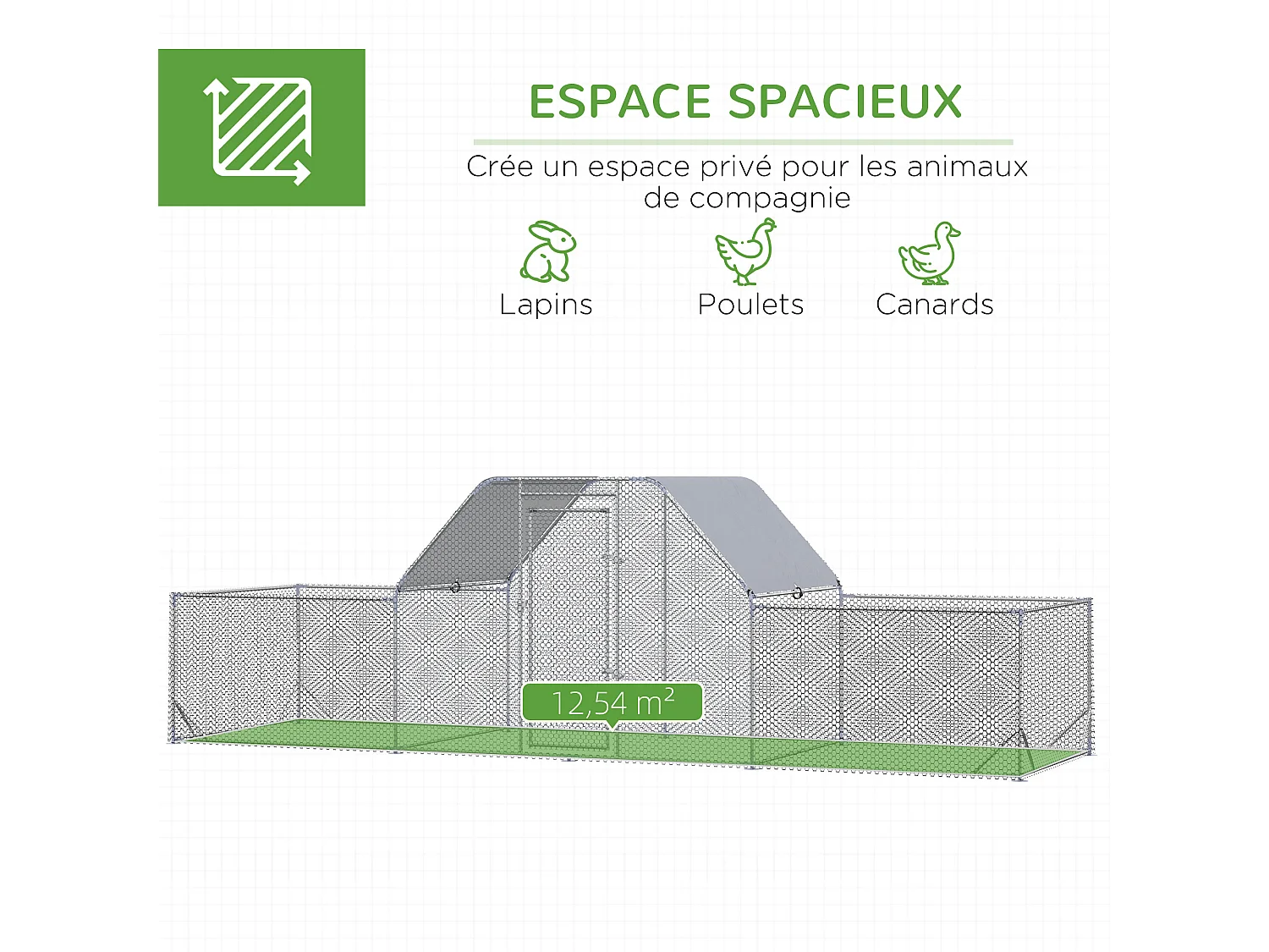 Enclos poulailler chenil 12,54 m² - parc grillagé dim 6,6L x 1,9l x 1,95H m - espace couvert - acier galvanisé