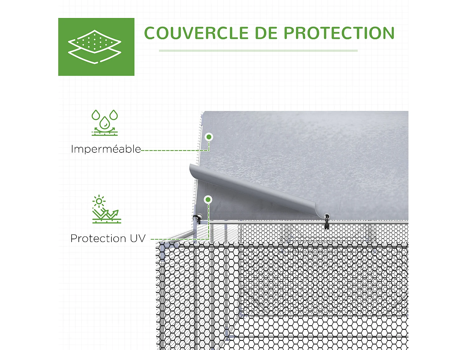 Enclos poulailler chenil 12,54 m² - parc grillagé dim 6,6L x 1,9l x 1,95H m - espace couvert - acier galvanisé