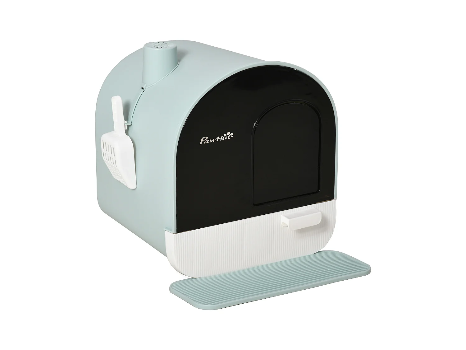 Maison de toilette bac à litière pour chat avec porte battante, pelle et filtre inclus dim. 43L x 44l x 47H cm PP bleu
