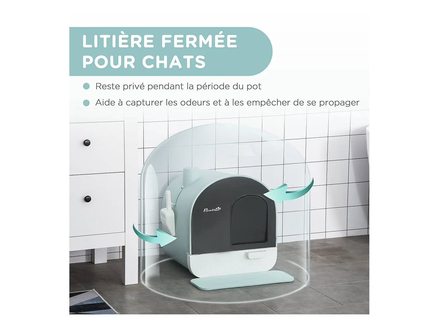 Maison de toilette bac à litière pour chat avec porte battante, pelle et filtre inclus dim. 43L x 44l x 47H cm PP bleu