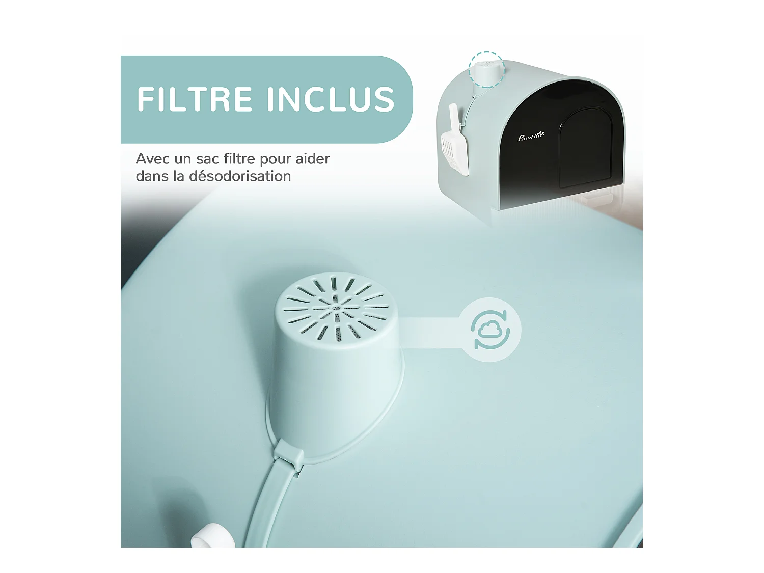 Maison de toilette bac à litière pour chat avec porte battante, pelle et filtre inclus dim. 43L x 44l x 47H cm PP bleu