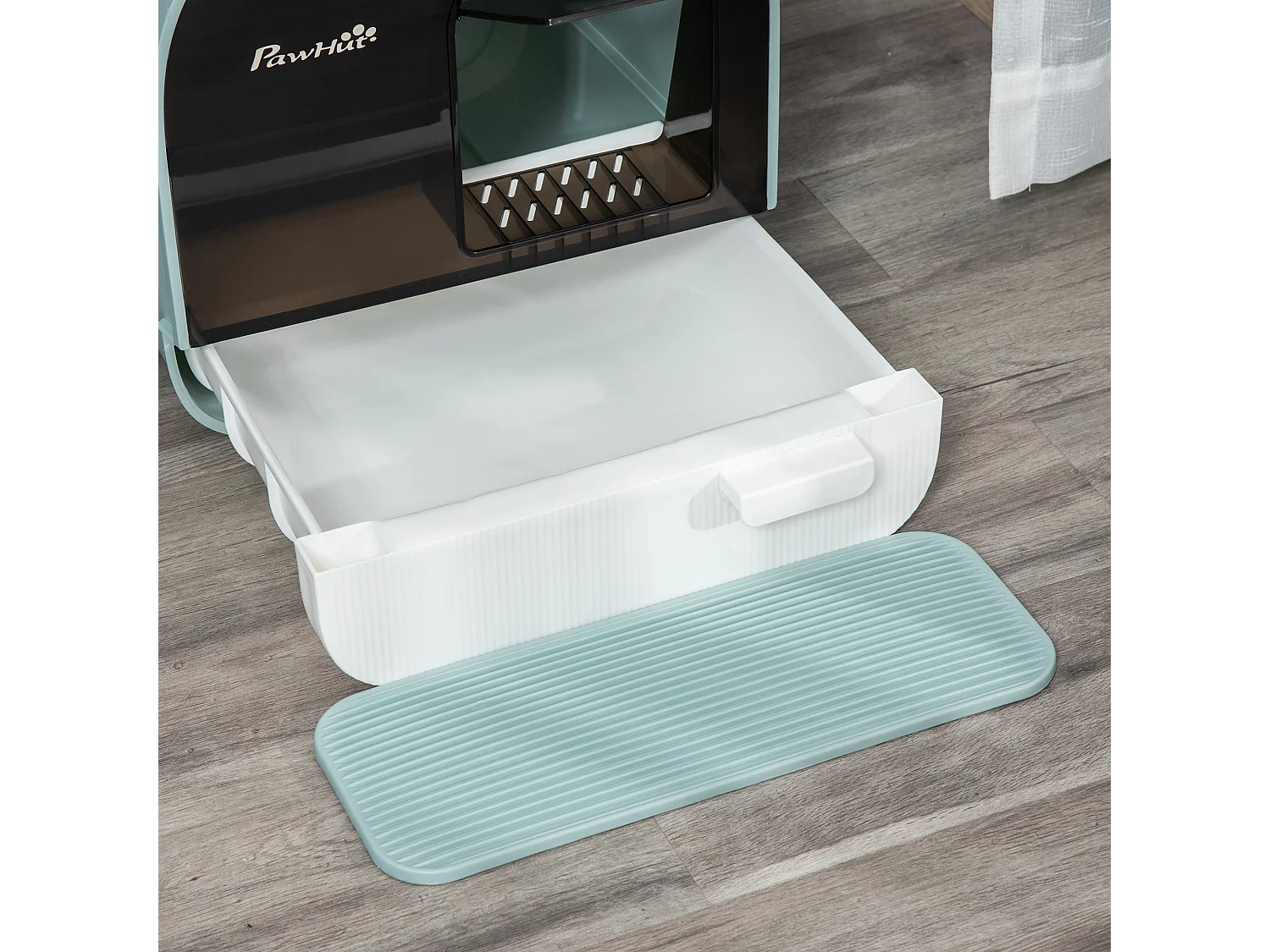 Maison de toilette bac à litière pour chat avec porte battante, pelle et filtre inclus dim. 43L x 44l x 47H cm PP bleu