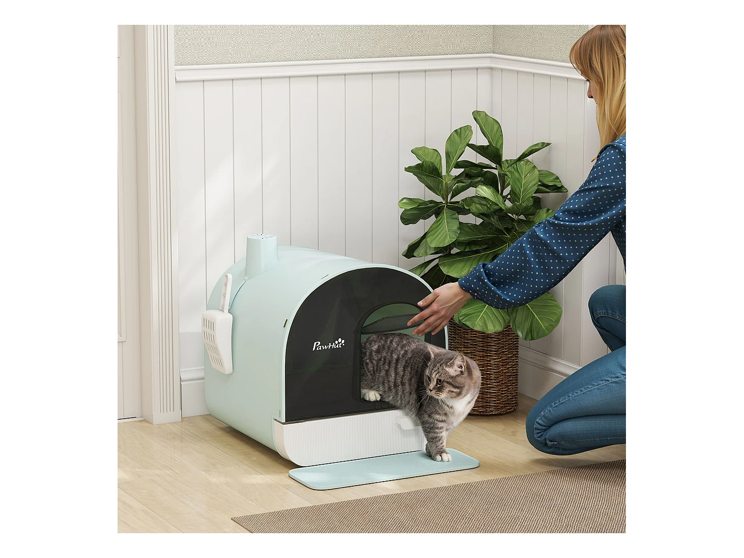 Maison de toilette bac à litière pour chat avec porte battante, pelle et filtre inclus dim. 43L x 44l x 47H cm PP bleu