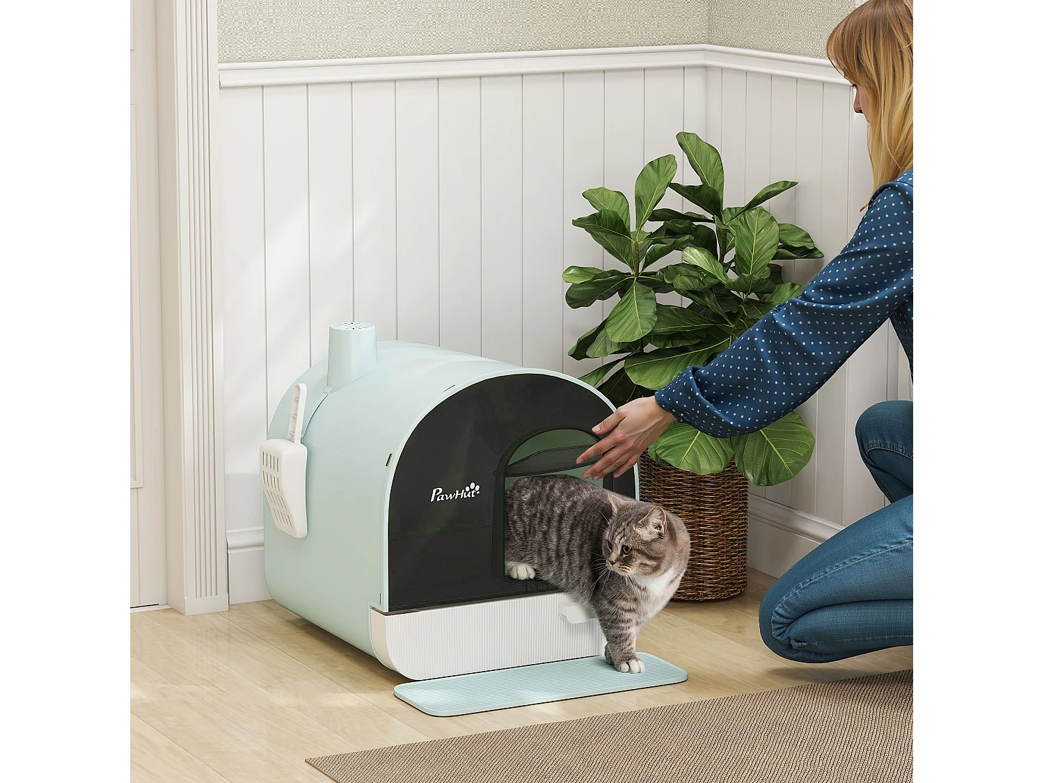 Maison de toilette bac à litière pour chat avec porte battante, pelle et filtre inclus dim. 43L x 44l x 47H cm PP bleu
