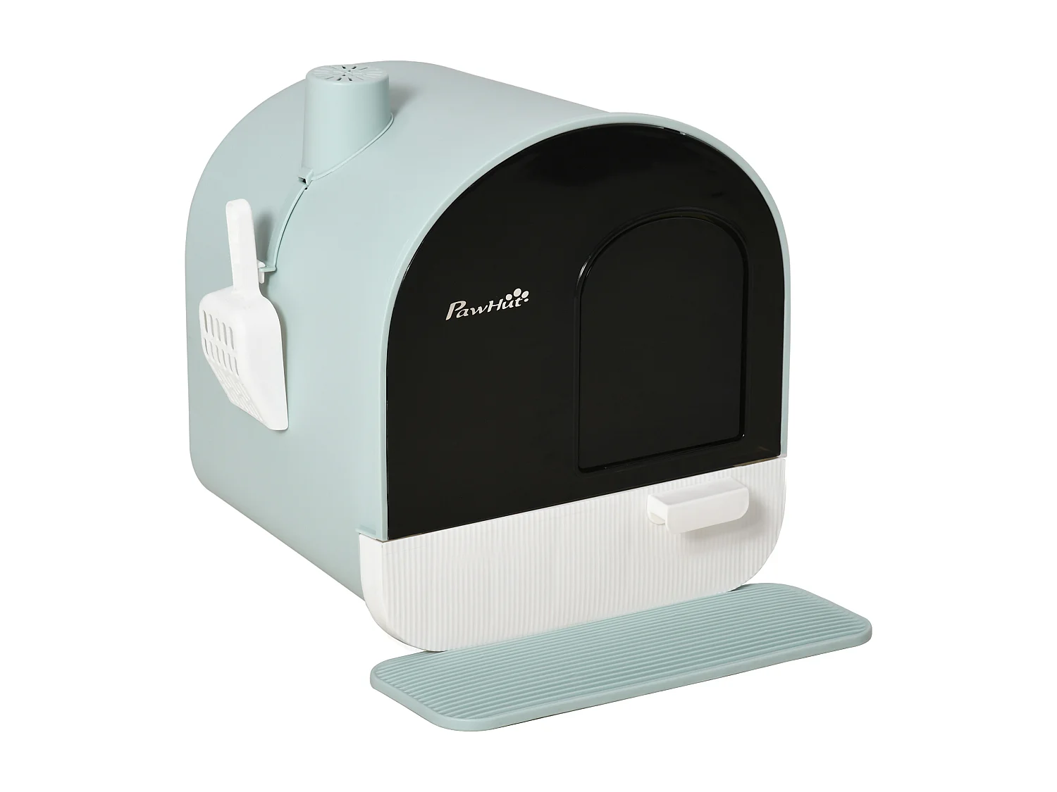 Maison de toilette bac à litière pour chat avec porte battante, pelle et filtre inclus dim. 43L x 44l x 47H cm PP bleu