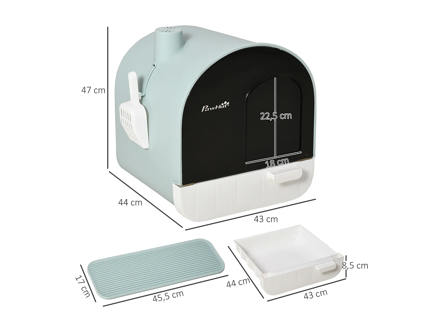 Maison de toilette bac à litière pour chat avec porte battante, pelle et filtre inclus dim. 43L x 44l x 47H cm PP bleu