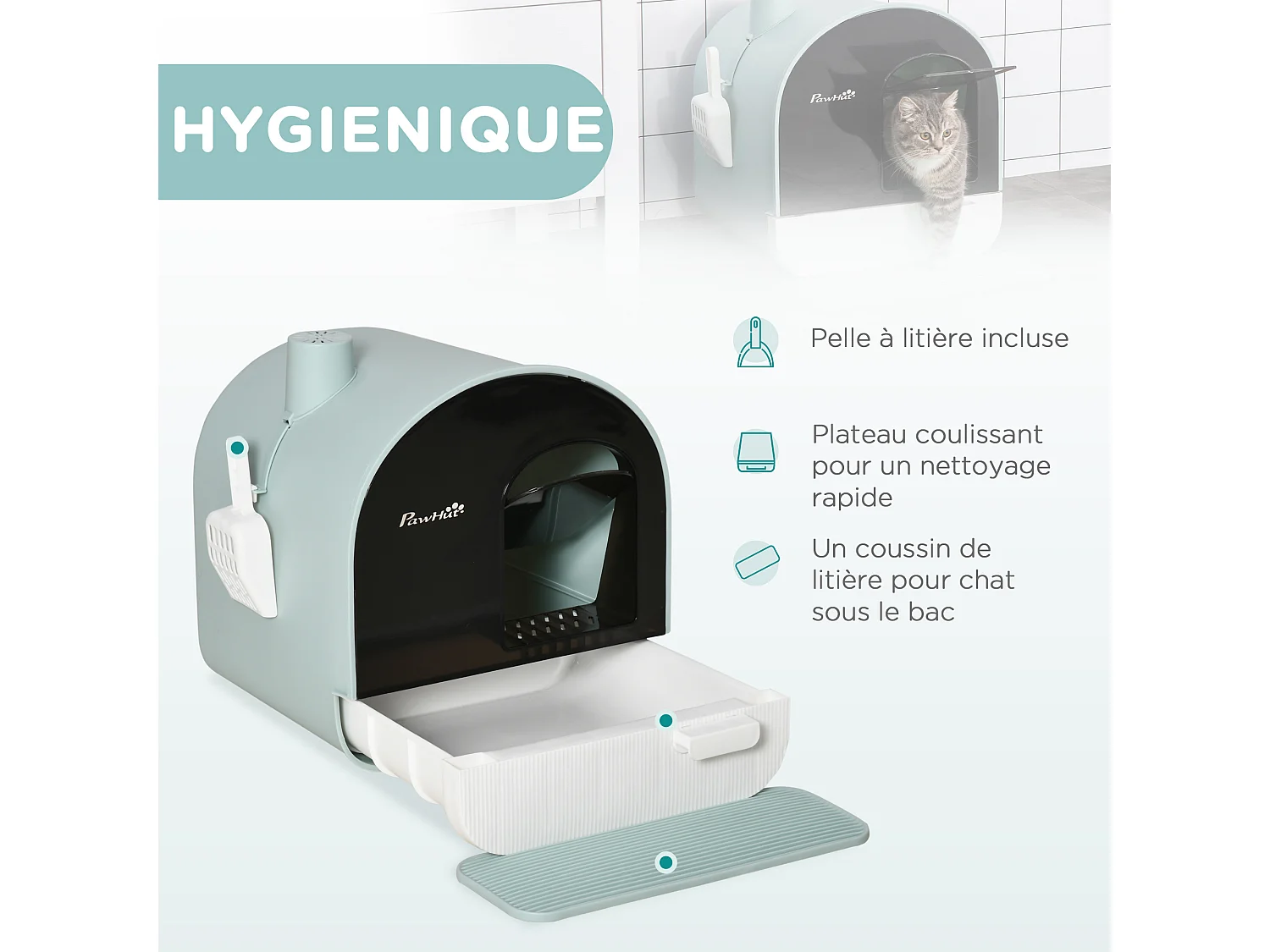 Maison de toilette bac à litière pour chat avec porte battante, pelle et filtre inclus dim. 43L x 44l x 47H cm PP bleu