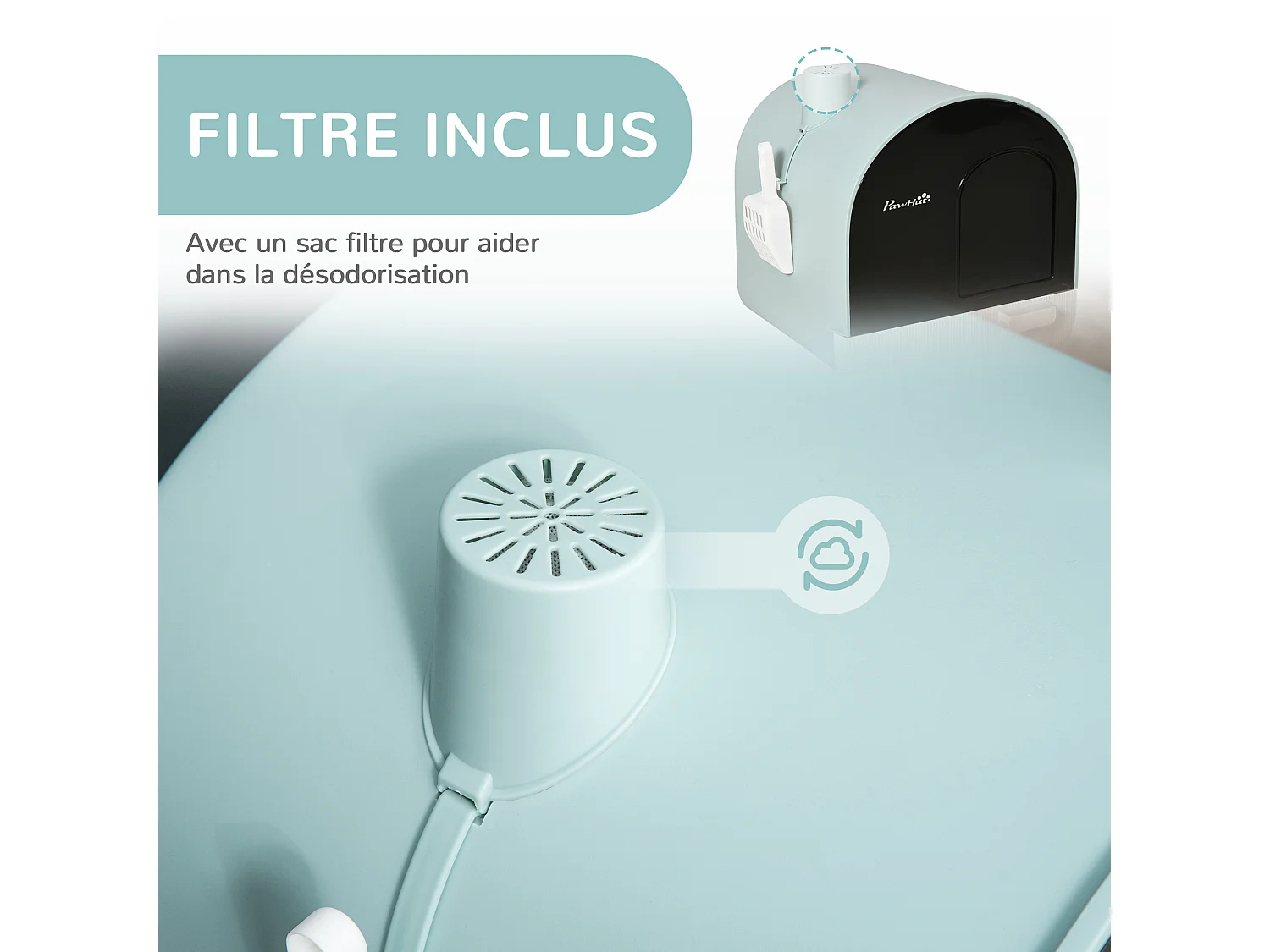 Maison de toilette bac à litière pour chat avec porte battante, pelle et filtre inclus dim. 43L x 44l x 47H cm PP bleu