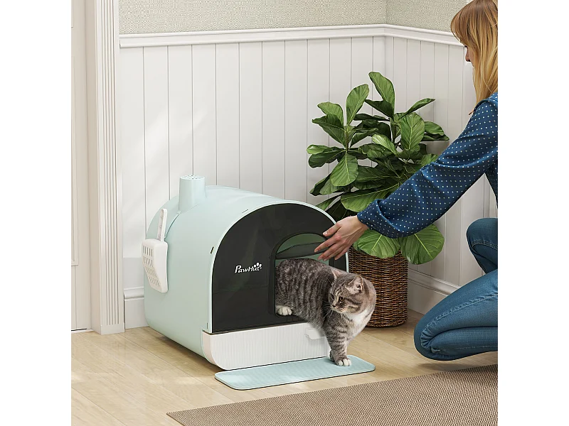 Maison de toilette bac à litière pour chat avec porte battante, pelle et filtre inclus dim. 43L x 44l x 47H cm PP bleu
