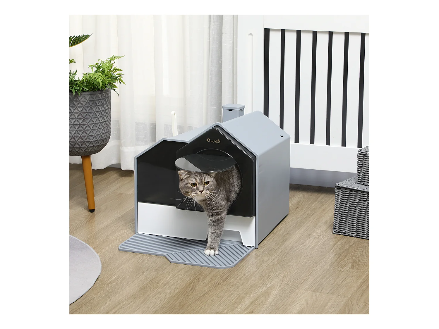 Maison de toilette chat design maison - bac à litière - tapis, poignée, pelle, filtre, tiroir inclus - PP blanc noir gris