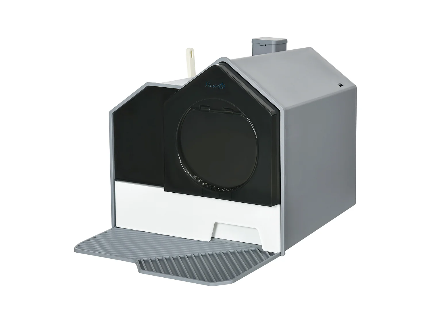 Maison de toilette chat design maison - bac à litière - tapis, poignée, pelle, filtre, tiroir inclus - PP blanc noir gris