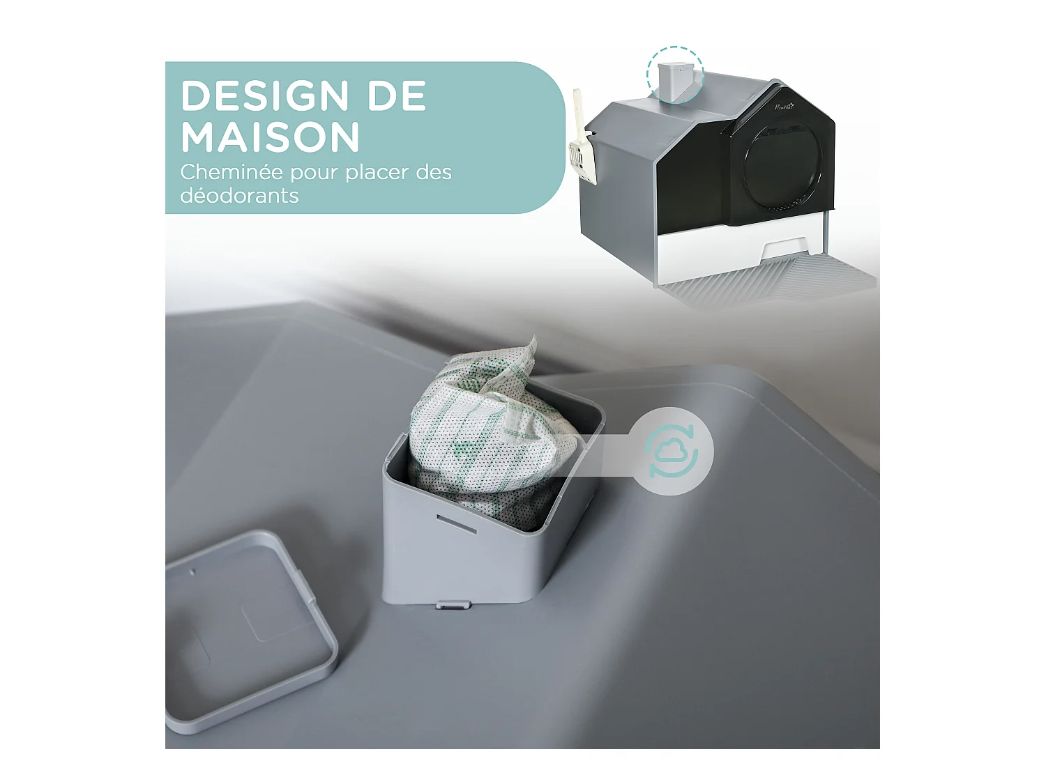 Maison de toilette chat design maison - bac à litière - tapis, poignée, pelle, filtre, tiroir inclus - PP blanc noir gris