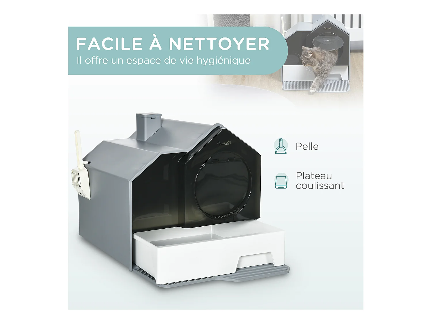 Maison de toilette chat design maison - bac à litière - tapis, poignée, pelle, filtre, tiroir inclus - PP blanc noir gris