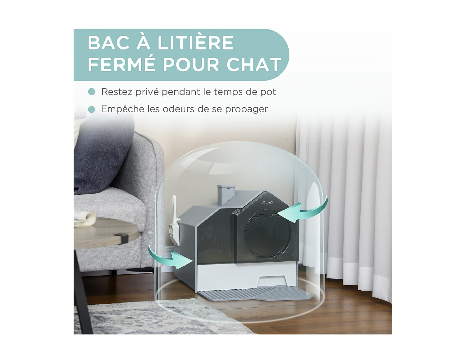 Maison de toilette chat design maison - bac à litière - tapis, poignée, pelle, filtre, tiroir inclus - PP blanc noir gris