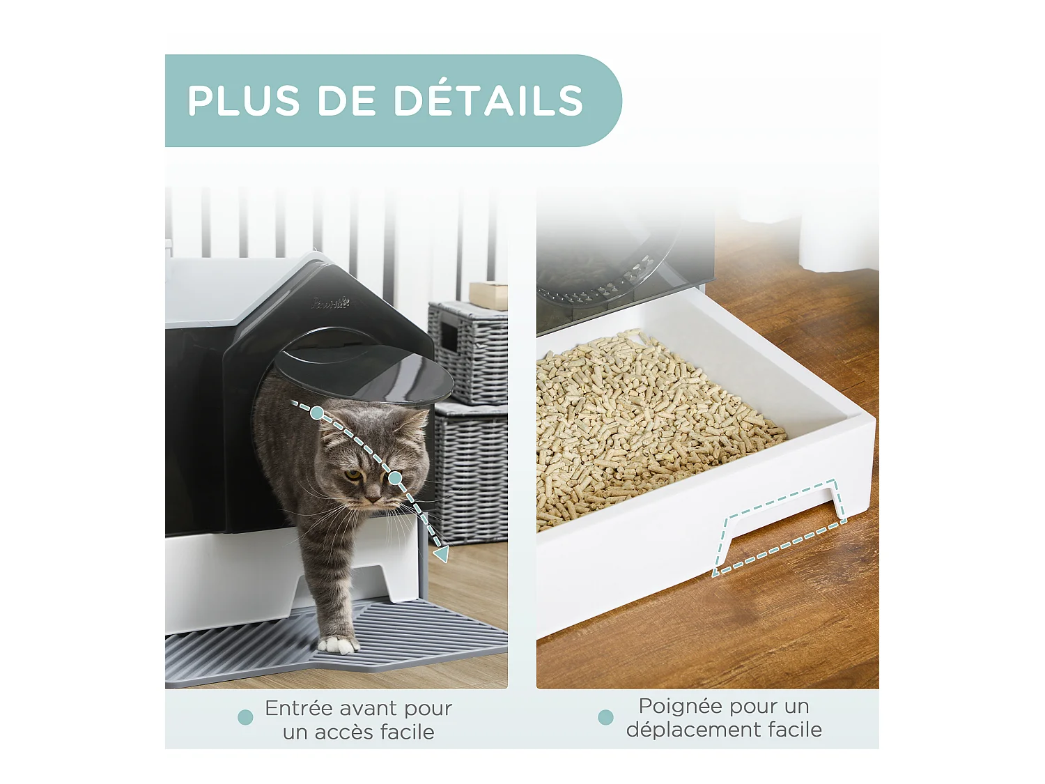 Maison de toilette chat design maison - bac à litière - tapis, poignée, pelle, filtre, tiroir inclus - PP blanc noir gris