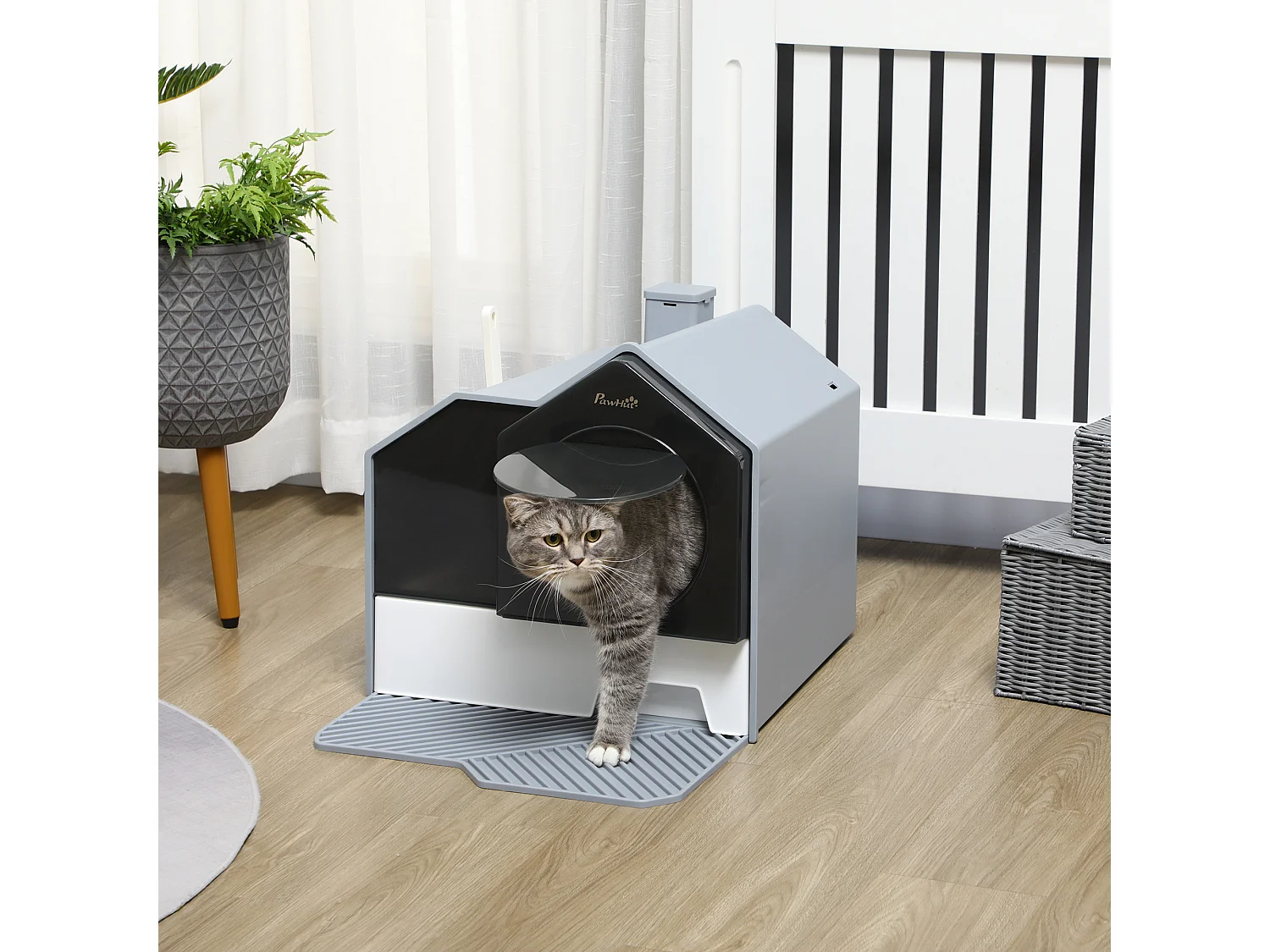Maison de toilette chat design maison - bac à litière - tapis, poignée, pelle, filtre, tiroir inclus - PP blanc noir gris