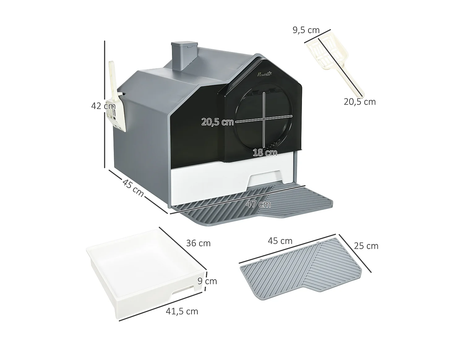 Maison de toilette chat design maison - bac à litière - tapis, poignée, pelle, filtre, tiroir inclus - PP blanc noir gris