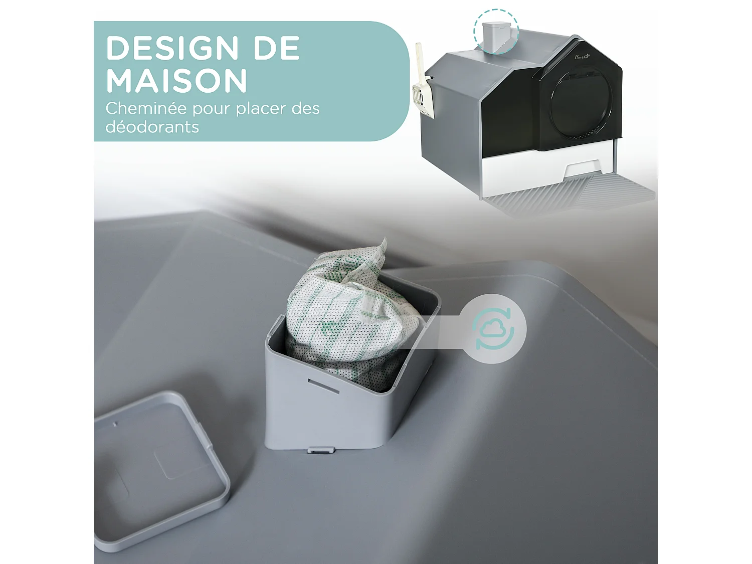 Maison de toilette chat design maison - bac à litière - tapis, poignée, pelle, filtre, tiroir inclus - PP blanc noir gris