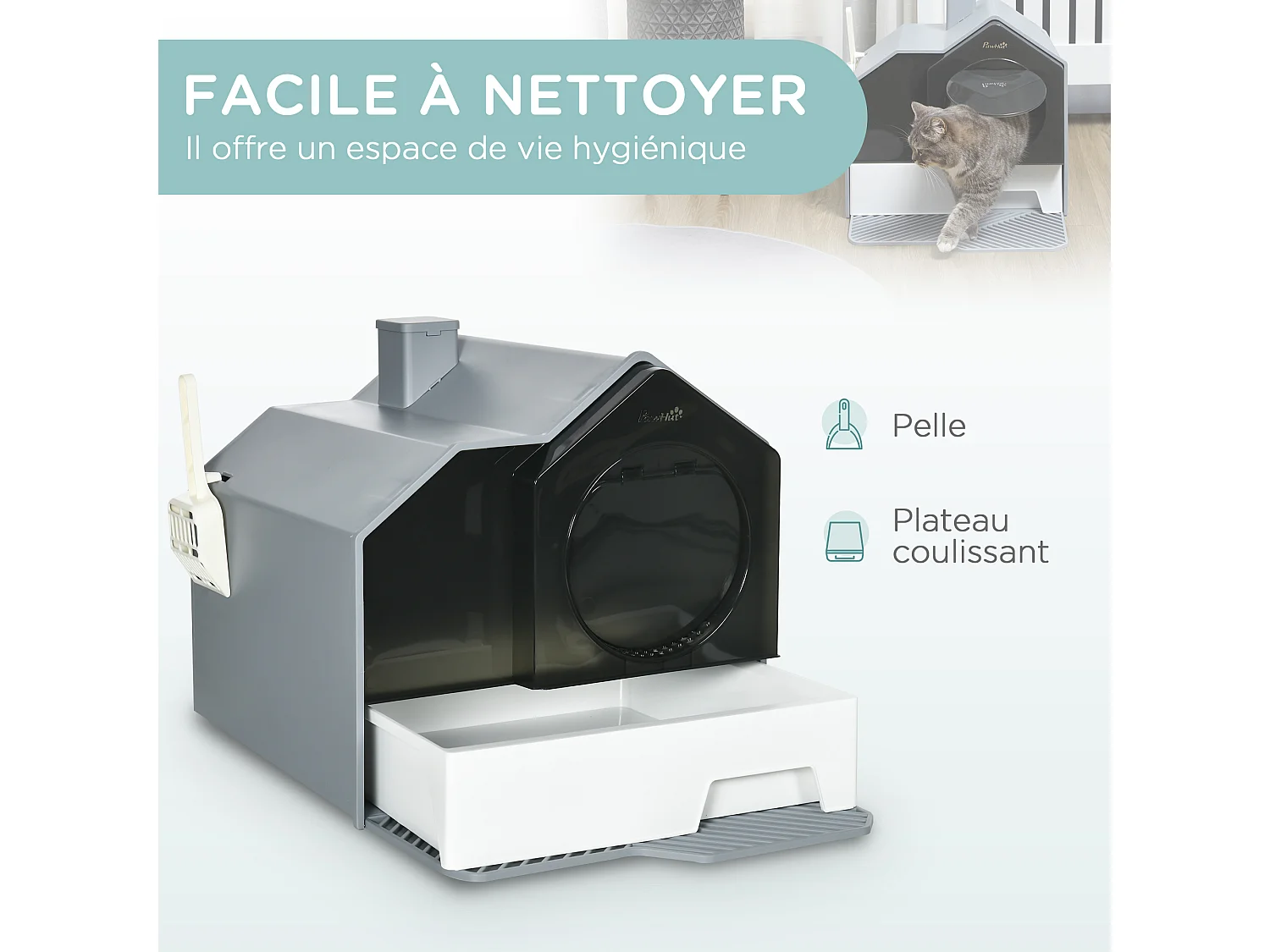 Maison de toilette chat design maison - bac à litière - tapis, poignée, pelle, filtre, tiroir inclus - PP blanc noir gris