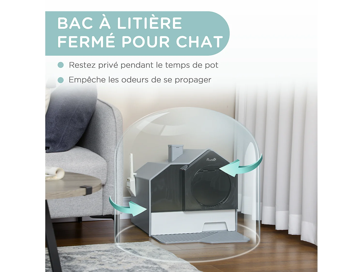 Maison de toilette chat design maison - bac à litière - tapis, poignée, pelle, filtre, tiroir inclus - PP blanc noir gris