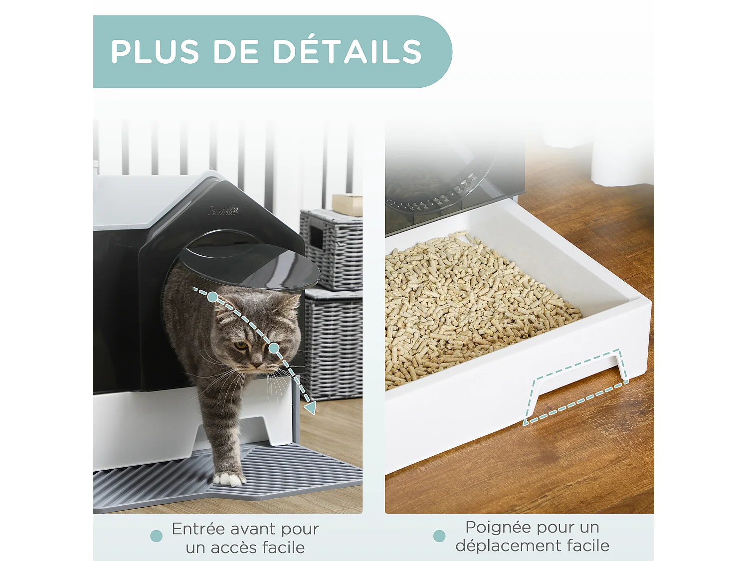 Maison de toilette chat design maison - bac à litière - tapis, poignée, pelle, filtre, tiroir inclus - PP blanc noir gris