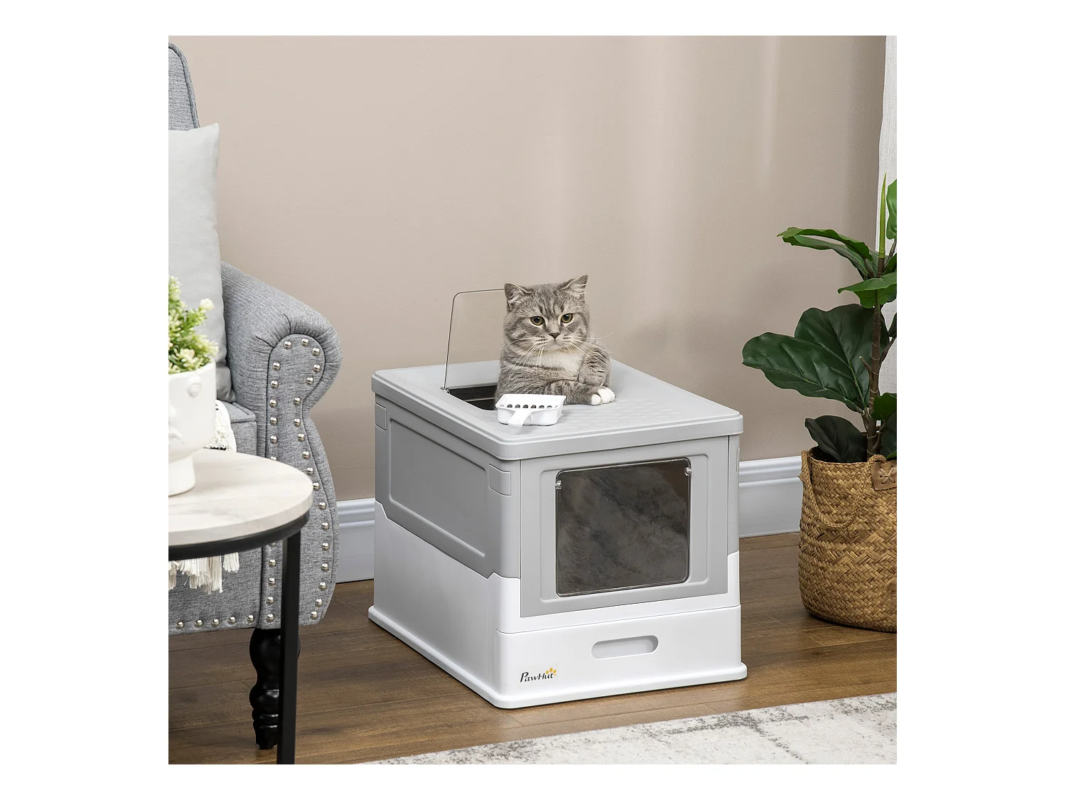 Maison de toilette pliable pour chat - tiroir à litière coulissant, porte battante et trappe transparente, pelle - blanc gris