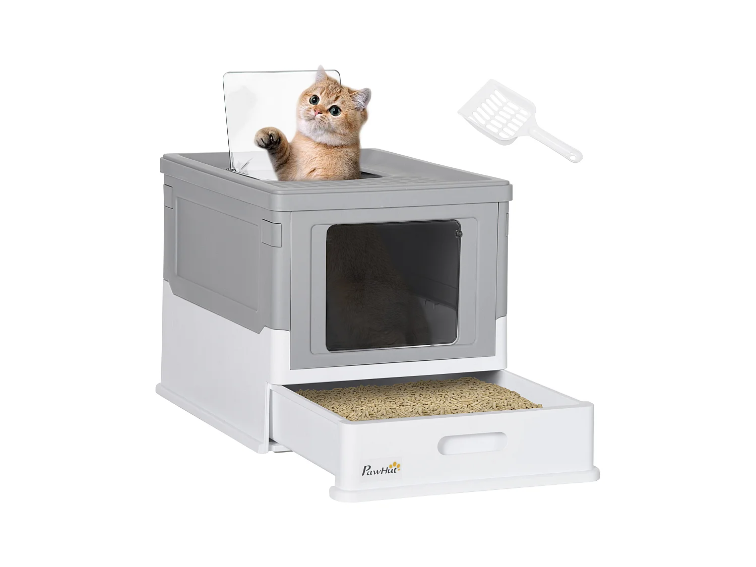Maison de toilette pliable pour chat - tiroir à litière coulissant, porte battante et trappe transparente, pelle - blanc gris