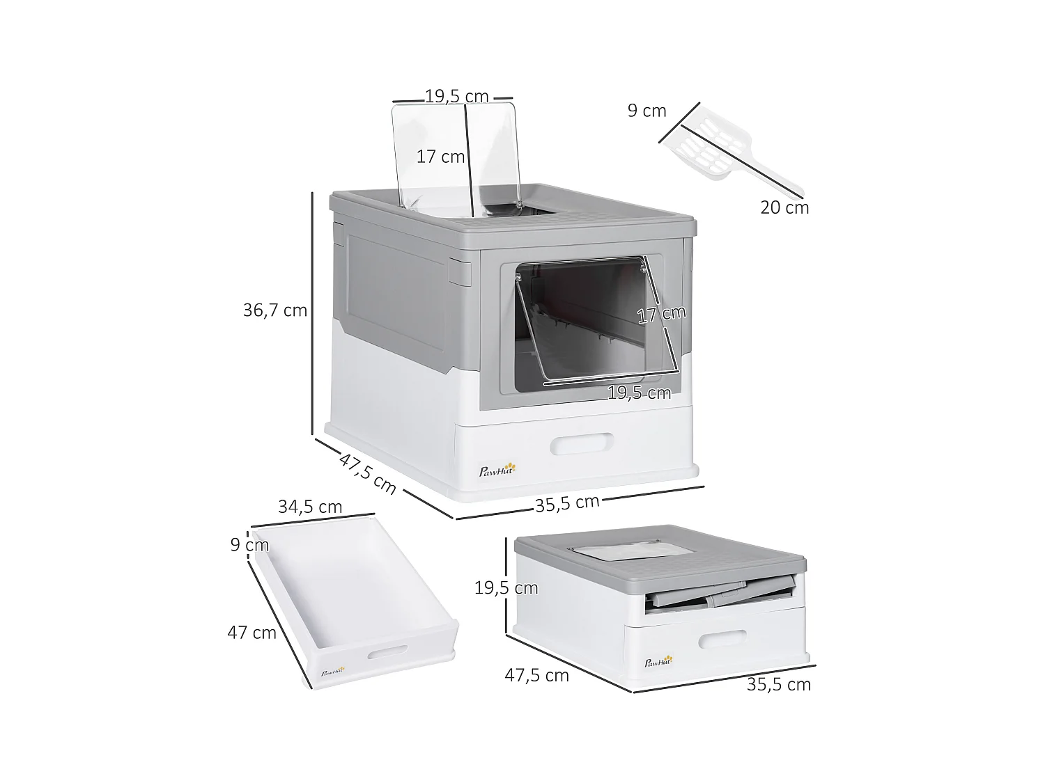 Maison de toilette pliable pour chat - tiroir à litière coulissant, porte battante et trappe transparente, pelle - blanc gris