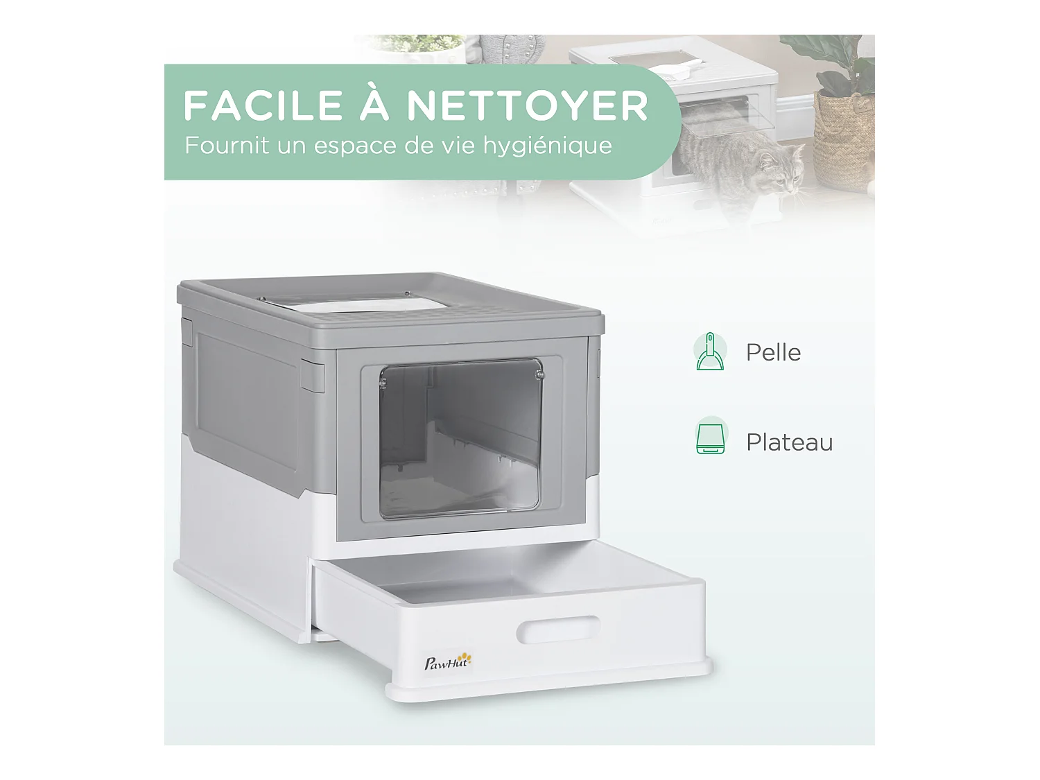 Maison de toilette pliable pour chat - tiroir à litière coulissant, porte battante et trappe transparente, pelle - blanc gris