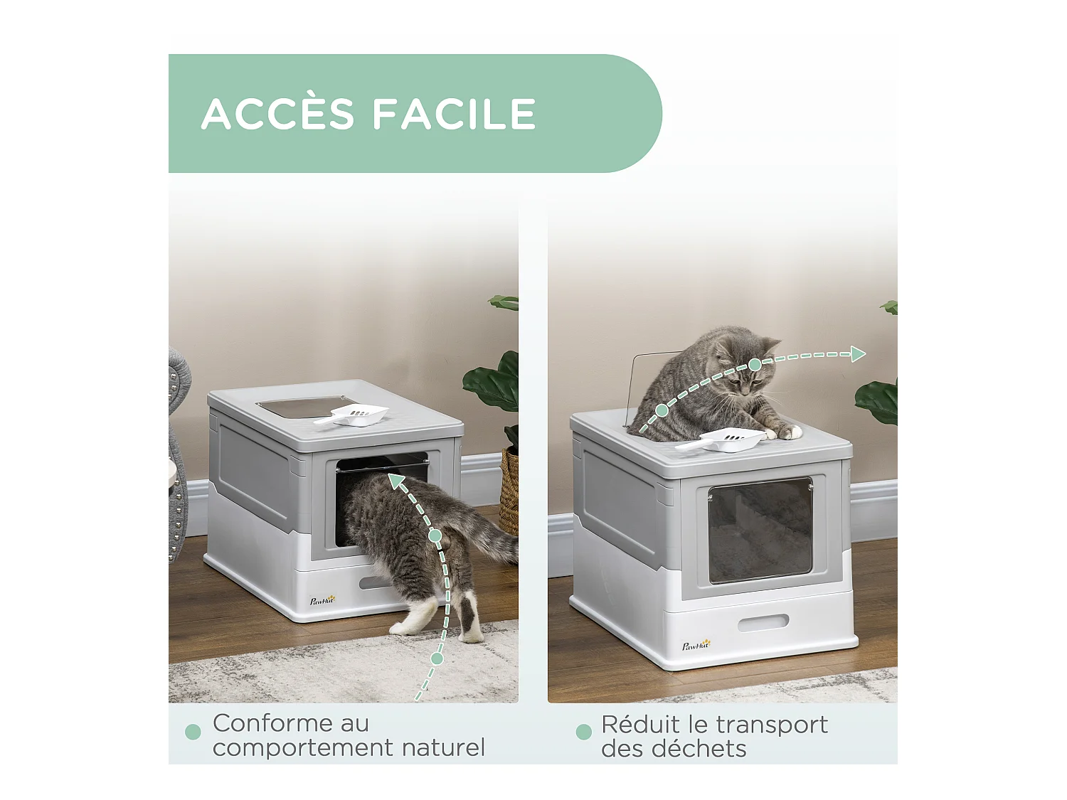 Maison de toilette pliable pour chat - tiroir à litière coulissant, porte battante et trappe transparente, pelle - blanc gris