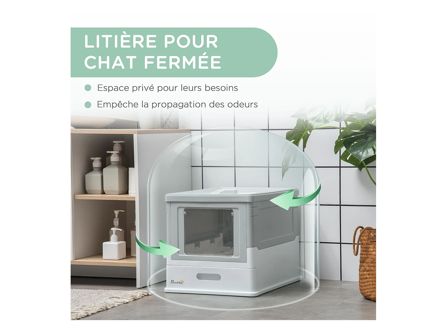 Maison de toilette pliable pour chat - tiroir à litière coulissant, porte battante et trappe transparente, pelle - blanc gris