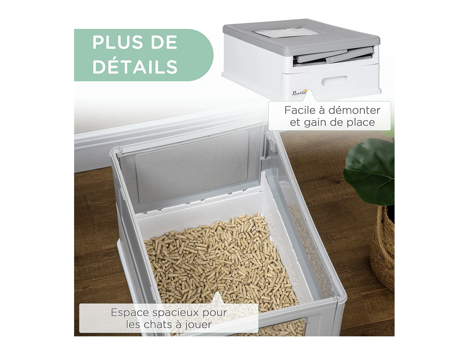 Maison de toilette pliable pour chat - tiroir à litière coulissant, porte battante et trappe transparente, pelle - blanc gris