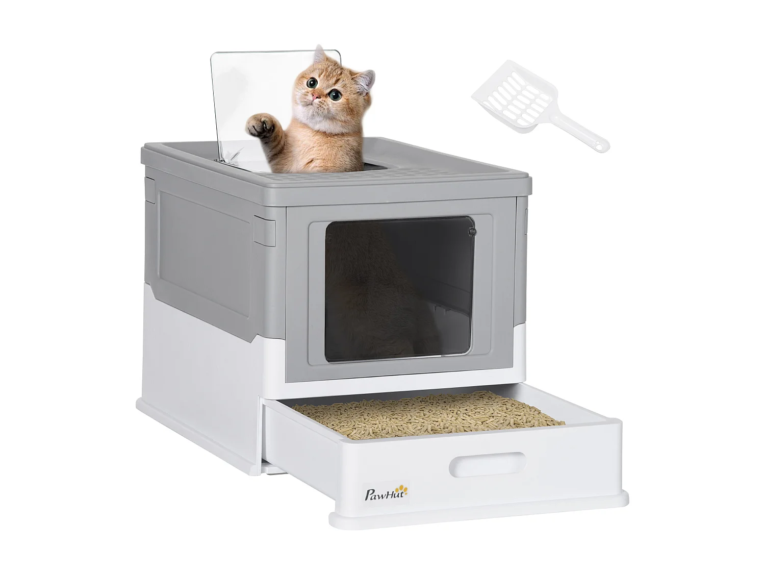Maison de toilette pliable pour chat - tiroir à litière coulissant, porte battante et trappe transparente, pelle - blanc gris
