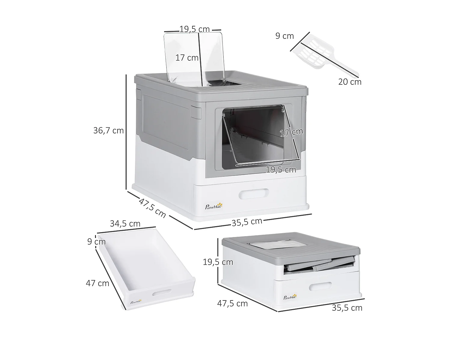 Maison de toilette pliable pour chat - tiroir à litière coulissant, porte battante et trappe transparente, pelle - blanc gris
