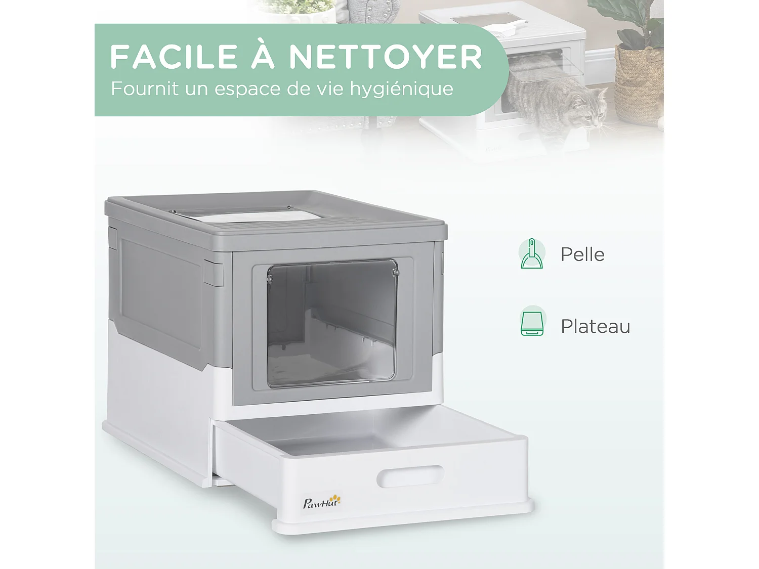 Maison de toilette pliable pour chat - tiroir à litière coulissant, porte battante et trappe transparente, pelle - blanc gris