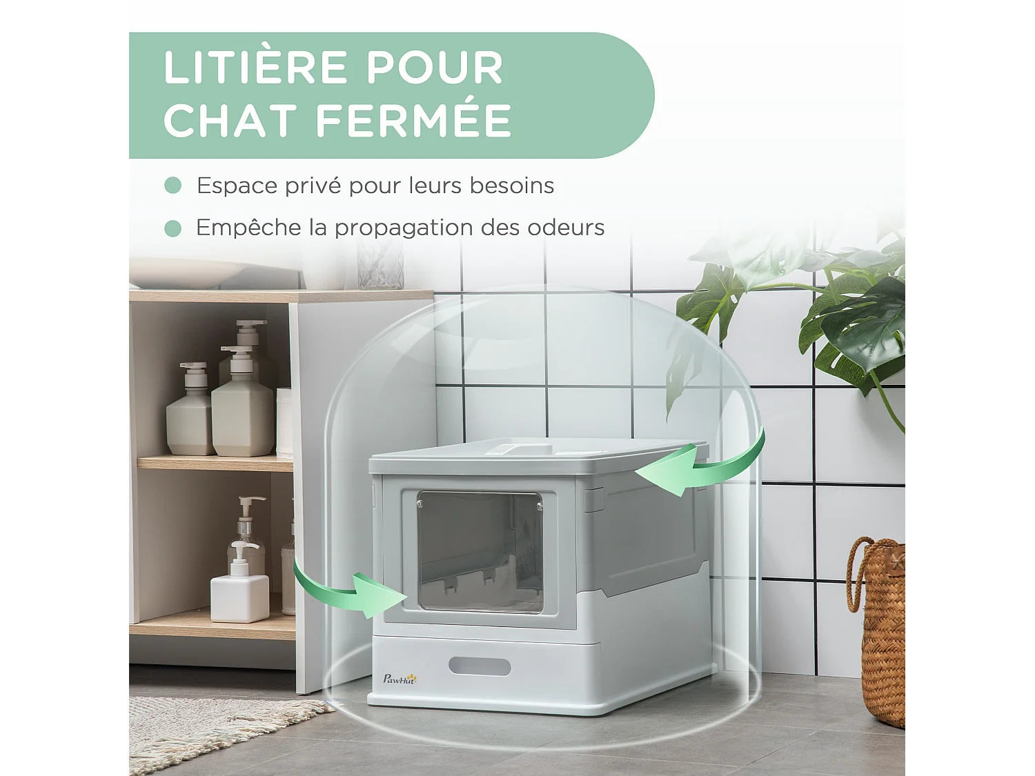 Maison de toilette pliable pour chat - tiroir à litière coulissant, porte battante et trappe transparente, pelle - blanc gris
