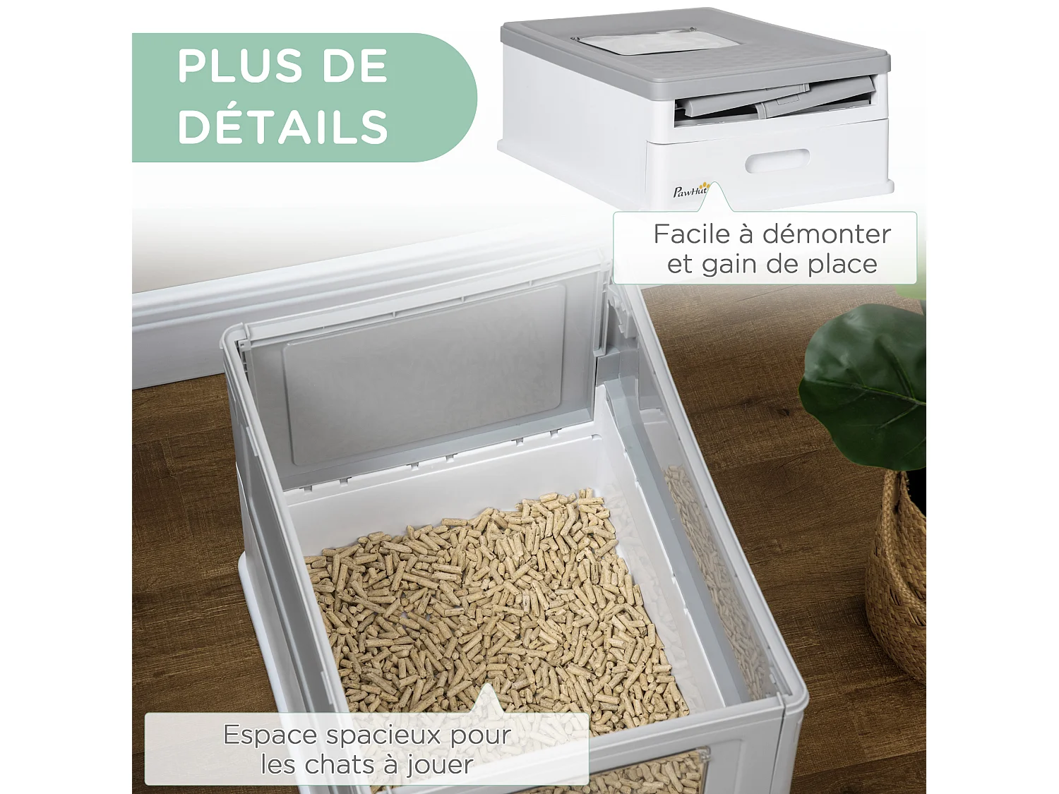 Maison de toilette pliable pour chat - tiroir à litière coulissant, porte battante et trappe transparente, pelle - blanc gris