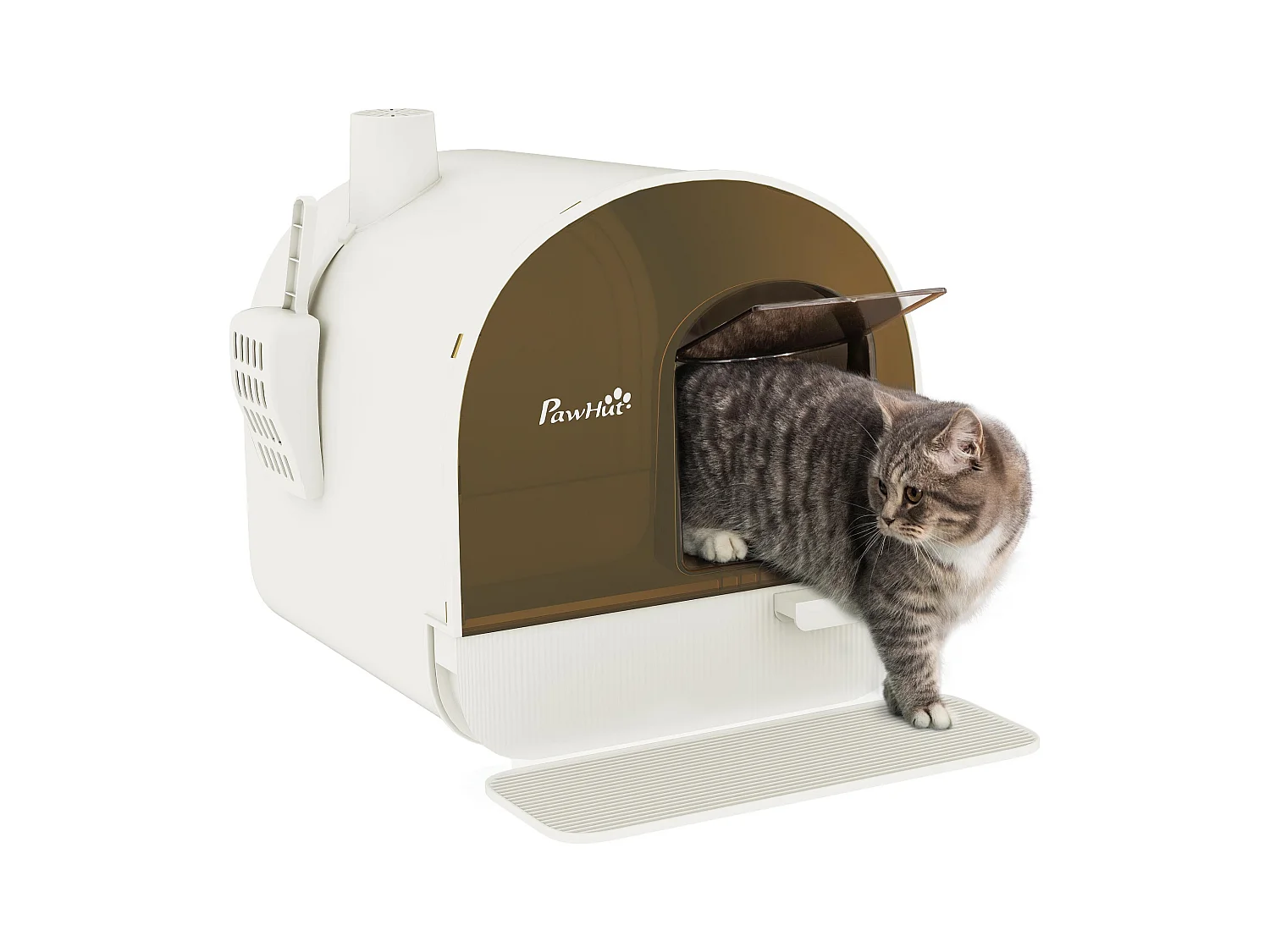 Maison de toilette bac à litière pour chat avec porte battante, pelle et filtre inclus dim. 43L x 44l x 47H cm PP blanc marron fumé