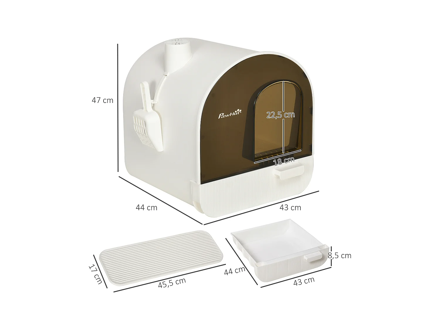 Maison de toilette bac à litière pour chat avec porte battante, pelle et filtre inclus dim. 43L x 44l x 47H cm PP blanc marron fumé