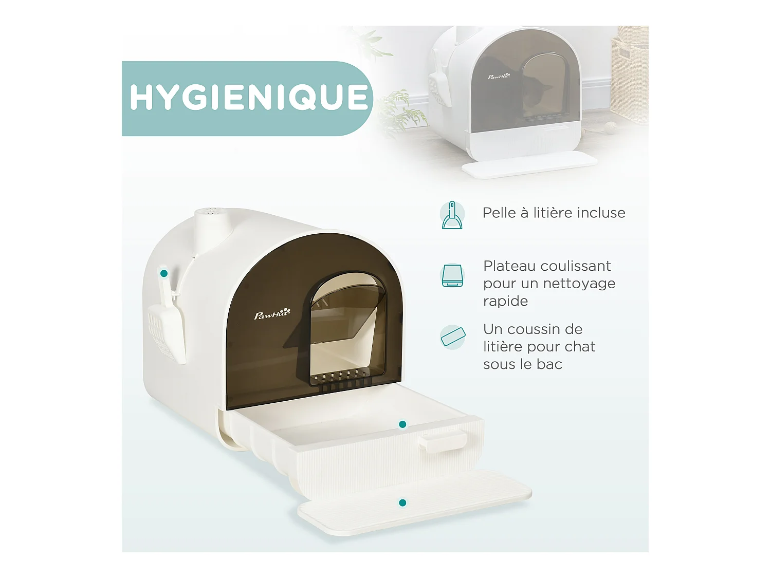 Maison de toilette bac à litière pour chat avec porte battante, pelle et filtre inclus dim. 43L x 44l x 47H cm PP blanc marron fumé