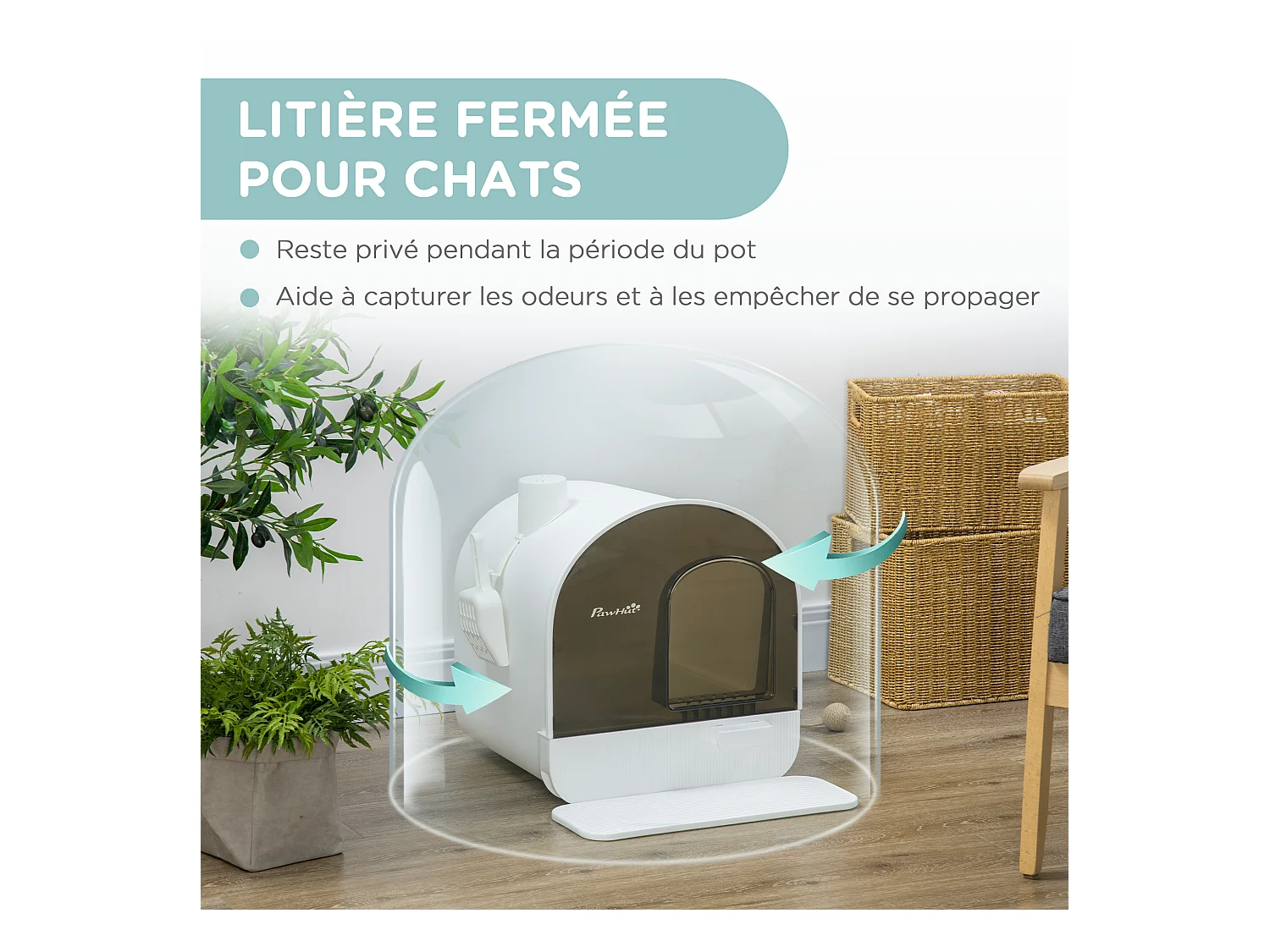 Maison de toilette bac à litière pour chat avec porte battante, pelle et filtre inclus dim. 43L x 44l x 47H cm PP blanc marron fumé