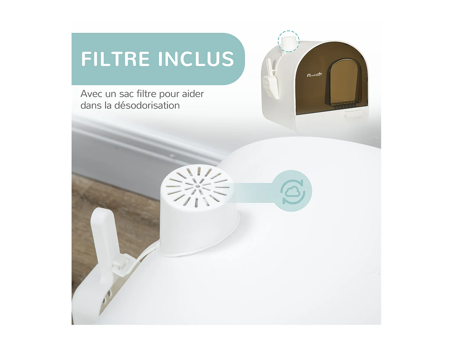 Maison de toilette bac à litière pour chat avec porte battante, pelle et filtre inclus dim. 43L x 44l x 47H cm PP blanc marron fumé