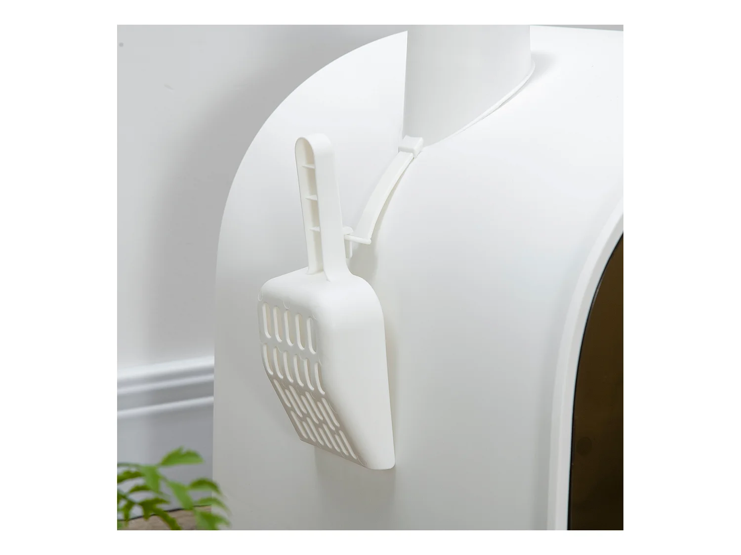 Maison de toilette bac à litière pour chat avec porte battante, pelle et filtre inclus dim. 43L x 44l x 47H cm PP blanc marron fumé