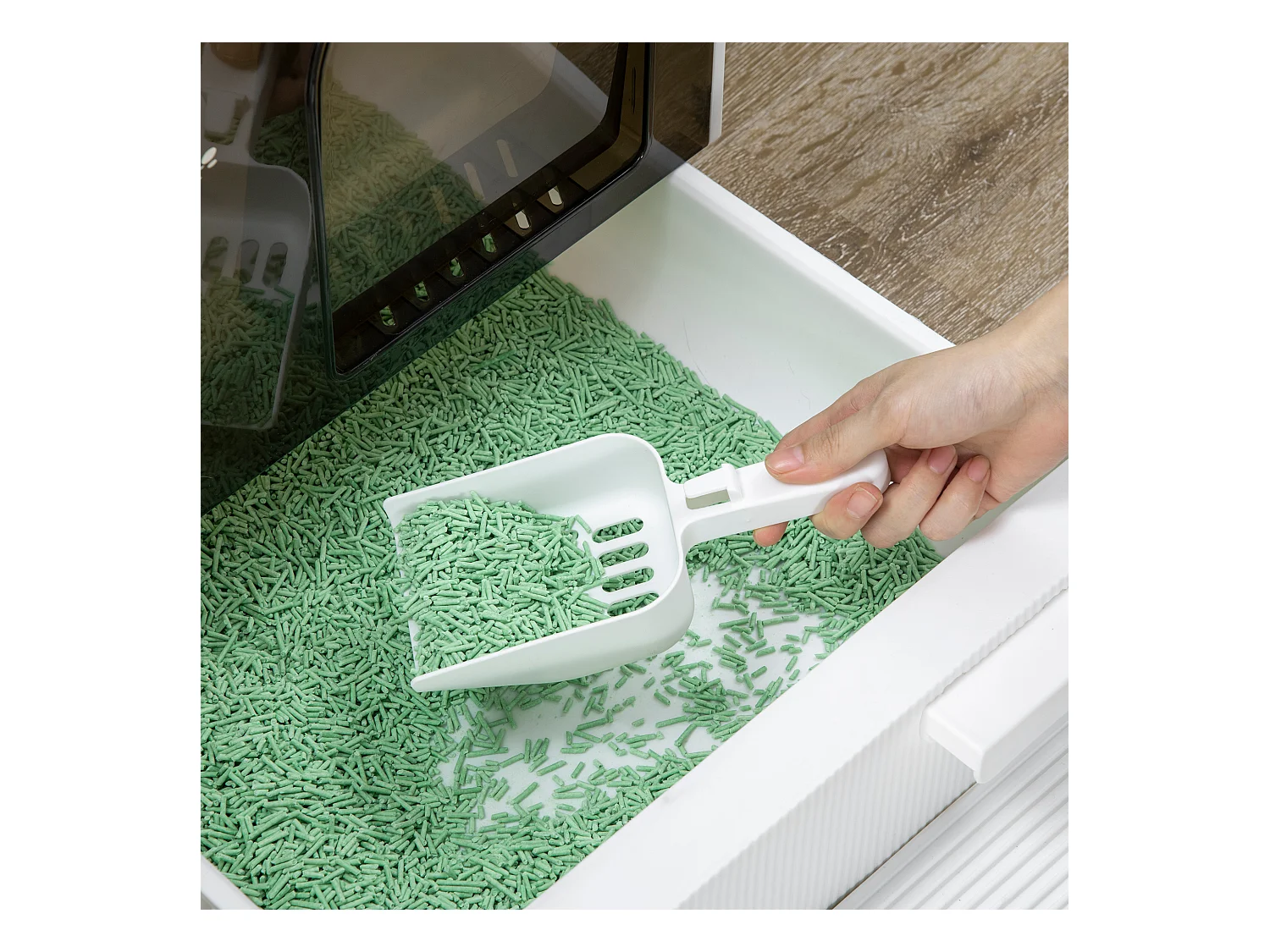 Maison de toilette bac à litière pour chat avec porte battante, pelle et filtre inclus dim. 43L x 44l x 47H cm PP blanc marron fumé