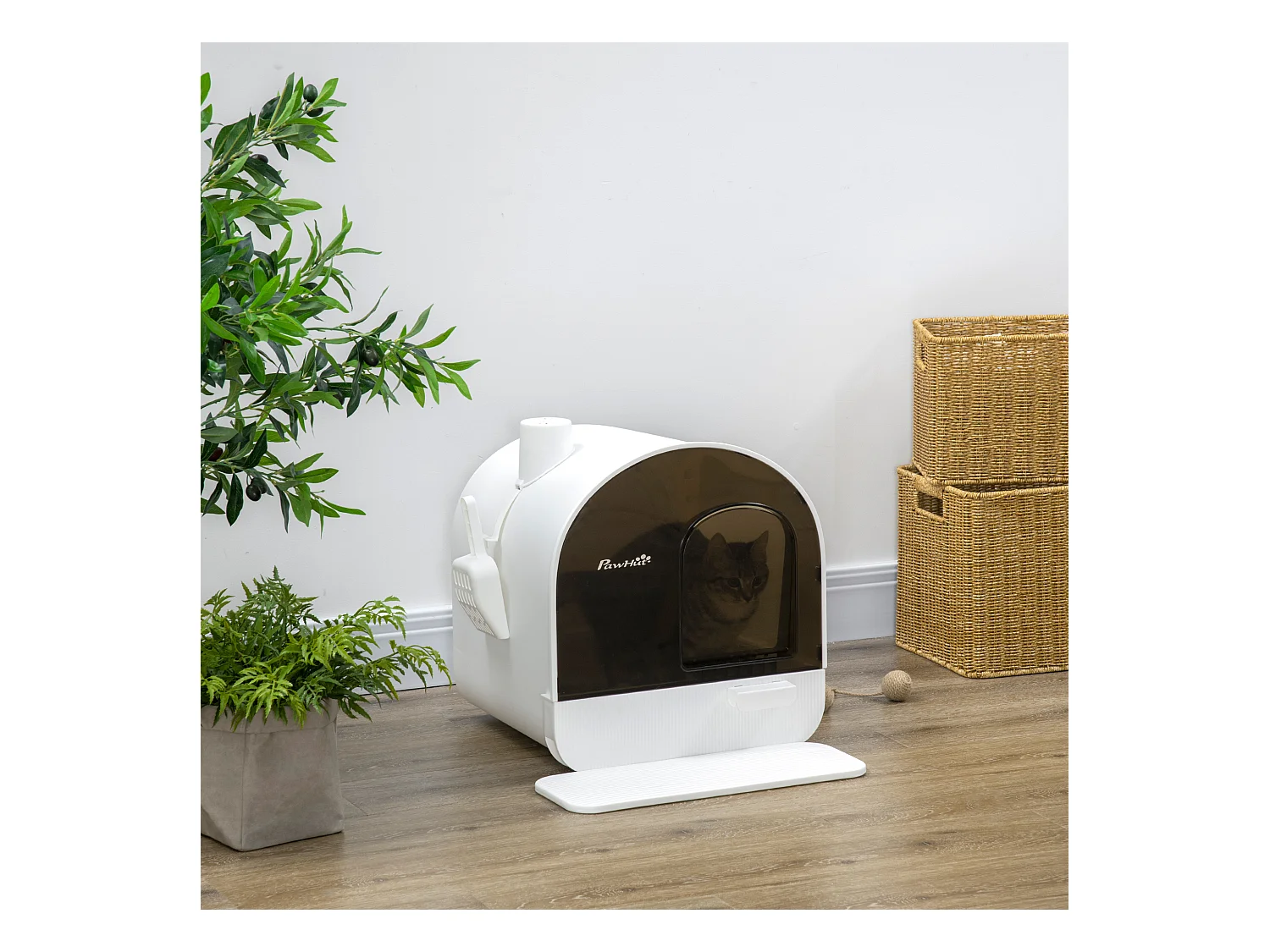 Maison de toilette bac à litière pour chat avec porte battante, pelle et filtre inclus dim. 43L x 44l x 47H cm PP blanc marron fumé