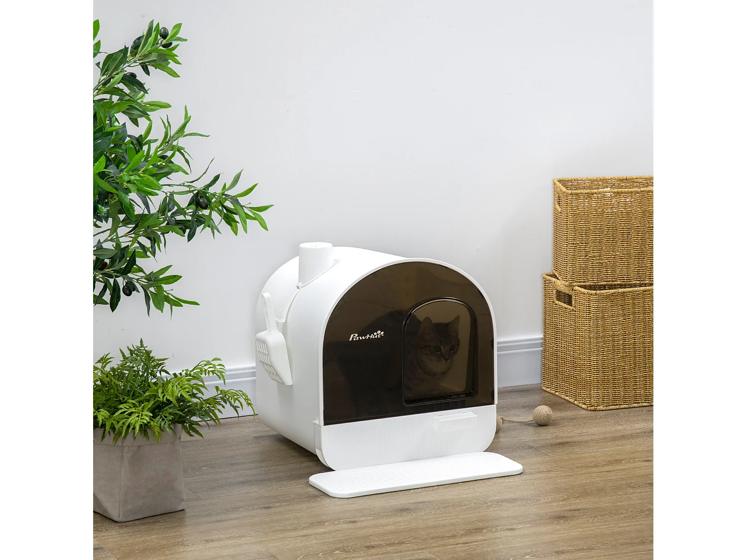 Maison de toilette bac à litière pour chat avec porte battante, pelle et filtre inclus dim. 43L x 44l x 47H cm PP blanc marron fumé