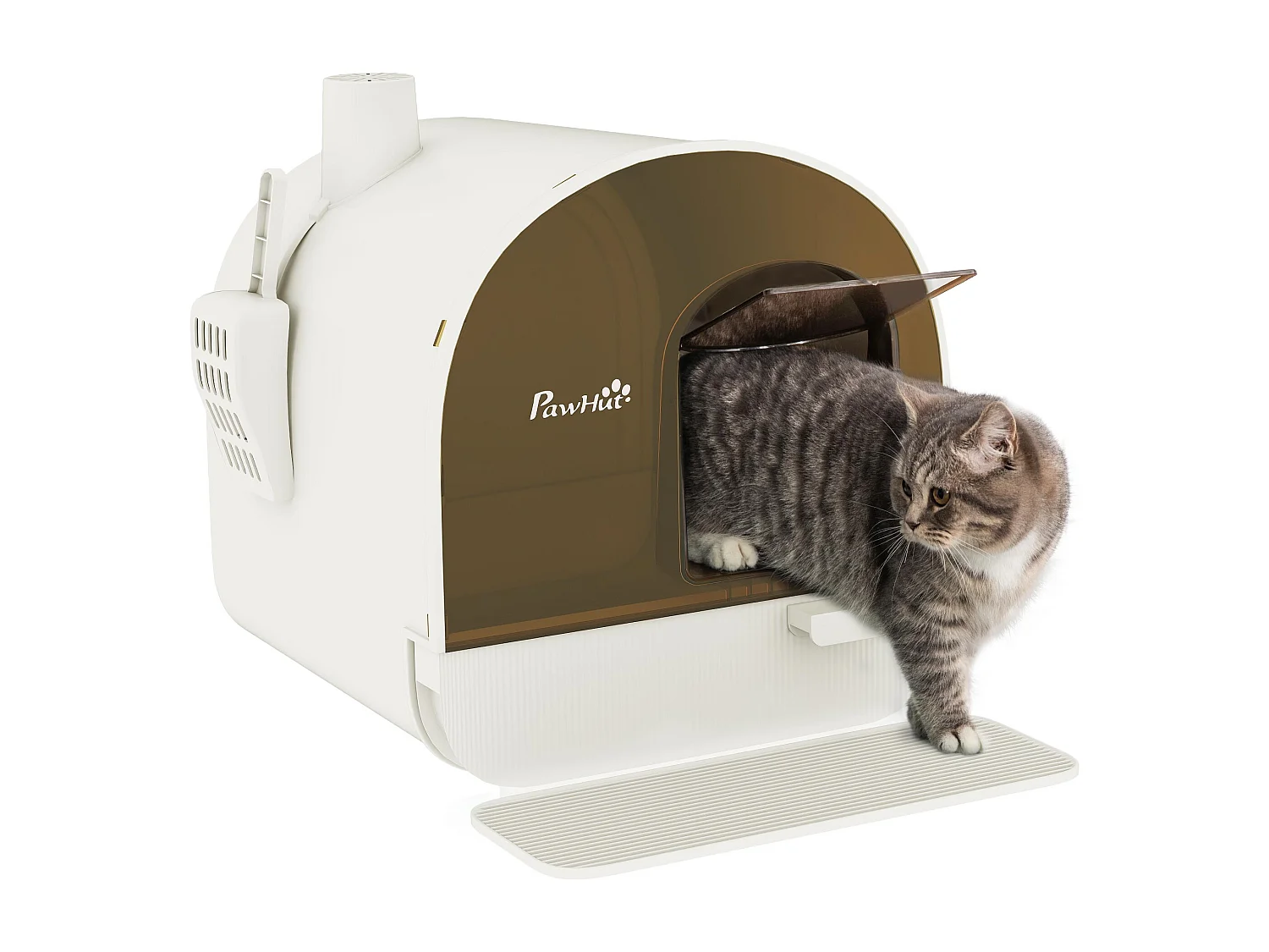 Maison de toilette bac à litière pour chat avec porte battante, pelle et filtre inclus dim. 43L x 44l x 47H cm PP blanc marron fumé