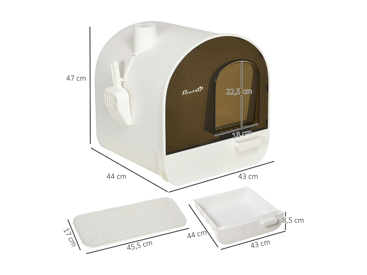 Maison de toilette bac à litière pour chat avec porte battante, pelle et filtre inclus dim. 43L x 44l x 47H cm PP blanc marron fumé